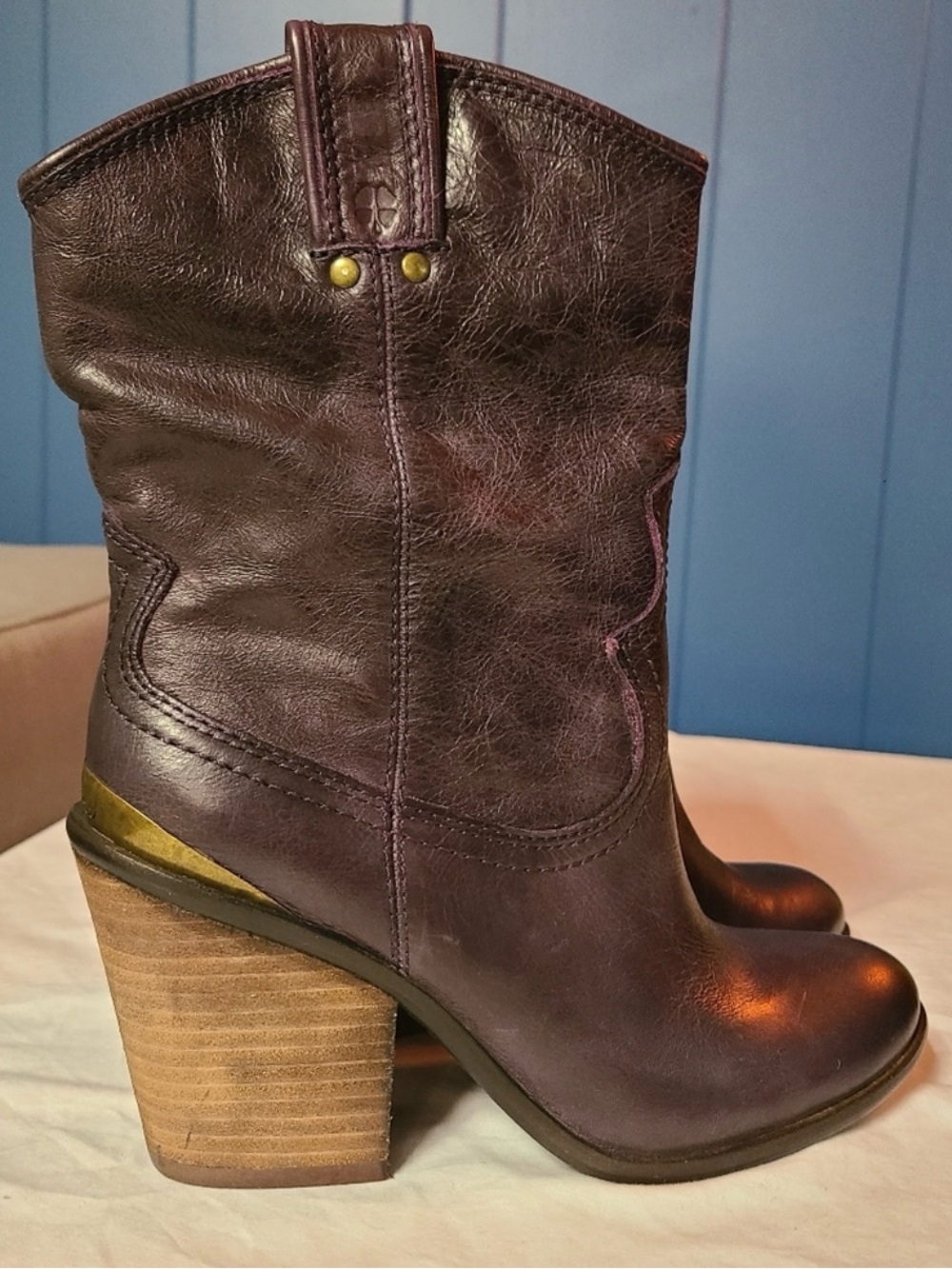 Lucky Brand Dark Brown Leather Western-Style Block Heel Boots with Gold Trim